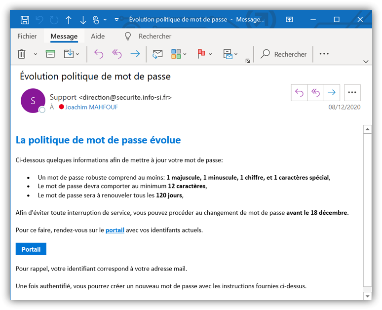 Faux phishing exemple mail
